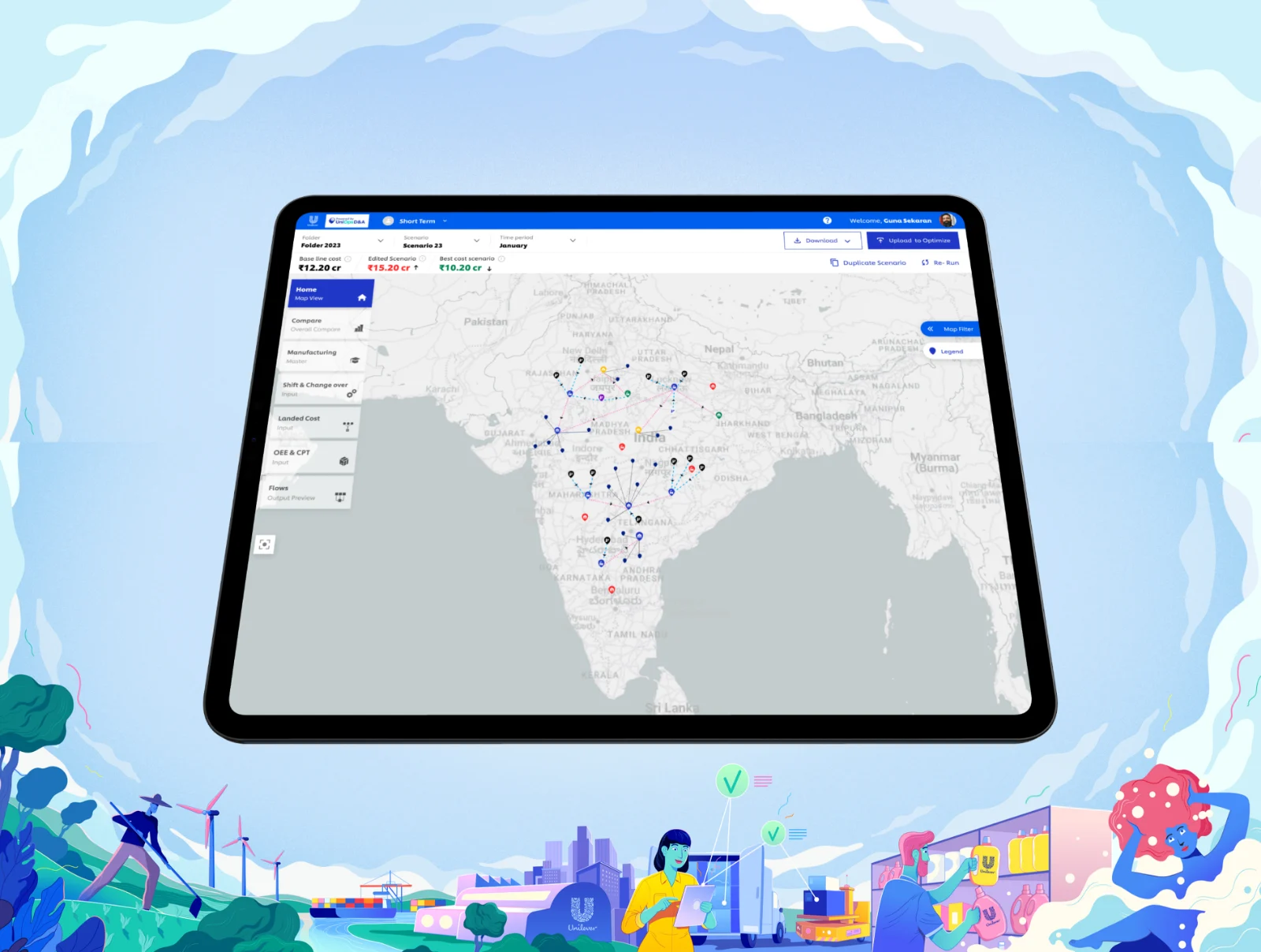 The AI Network Optimizer map of India on a tablet, in an illustrated supply chain scene